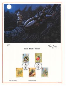 1985 Great Britain Limited Edition Lithographed Print measuring 333mm X 257mm showing Insects Commemorative stamps with First Day of Issue Cancel