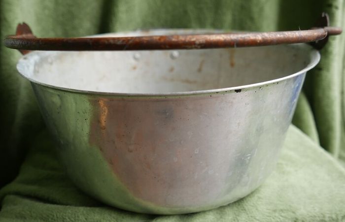 Vintage Aluminium Metal Handled Cooking Pot , Rustic Jam Pan Farmhouse Decor