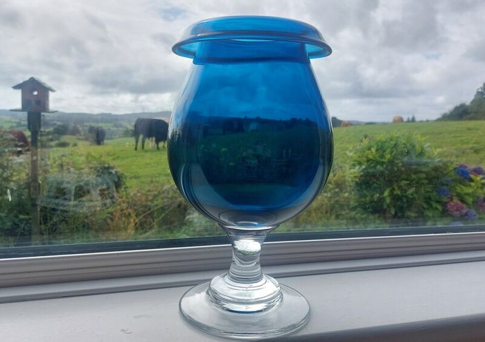 Stunning Vintage Oversized Hand-Blown Glass Brandy Balloon Vase With a Turnover Rim, In a Fantastic Petrol Blue with a Clear Stem and Foot, Perfect as a Hurricane-Style Candle Holder