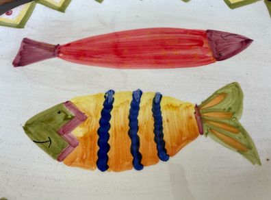Modern Italian Serving Plates X 2 Hand Painted Stylised Fish Decor Ceramiche Alfa