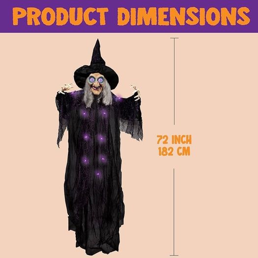 72 Inch Hanging Animated Talking Witch Decoration with Light-up Eyes and sound activation function for Halloween Haunted House Prop