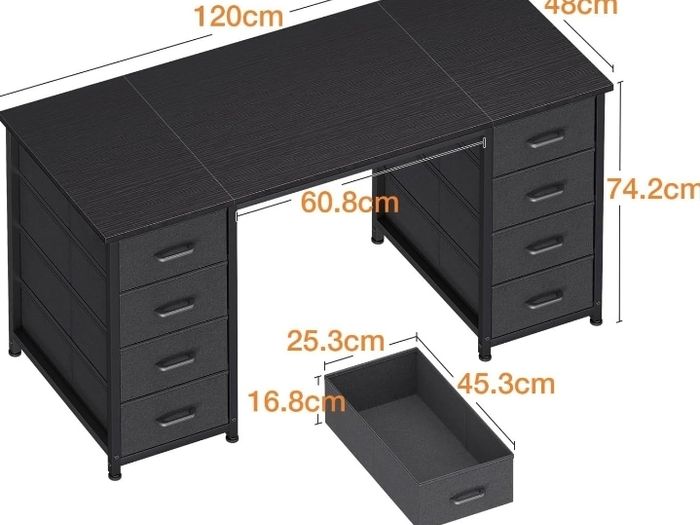 Computer Desk with 8 Fabric Drawers, Office Desk with Storage  120 x 48 cm Black Home Office Desk, PC Study Desk for Bedroom and Living Room Compact Work Table with More Storage Space