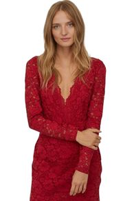 H&M red lace long sleeve V-neck mini dress size UK 12