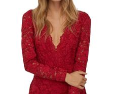 H&M red lace long sleeve V-neck mini dress size UK 12