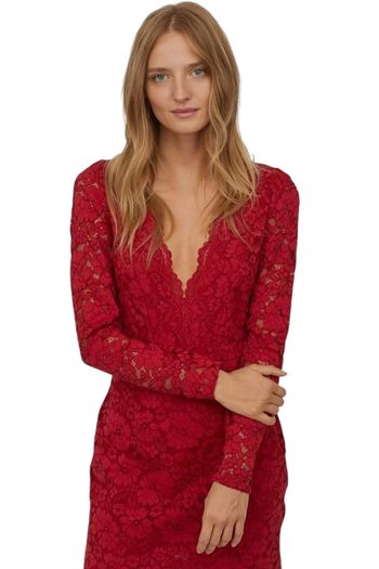 H&M red lace long sleeve V-neck mini dress size UK 12