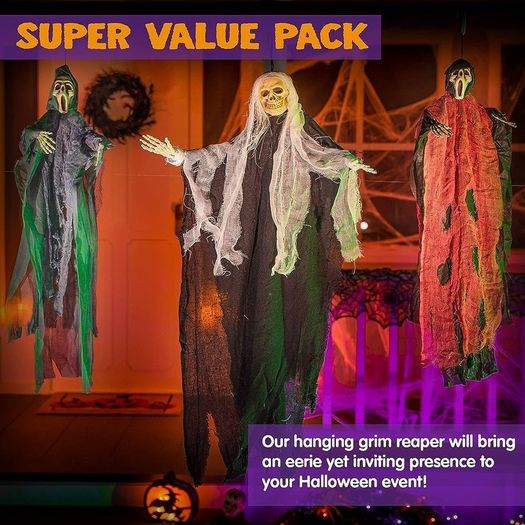 Set of Three Hanging Skeleton Ghost Halloween Decorations One 35inch 88cm Hanging Ghost Skeleton and Two 25inch 63cm Hanging Reapers