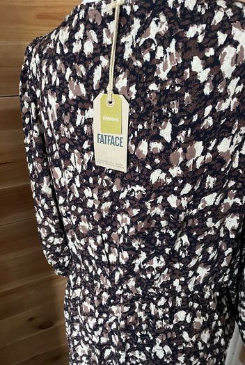 dress FatFace midi v neck 3-4 sleeves  size 16 brown floral pattern black beige BNWT