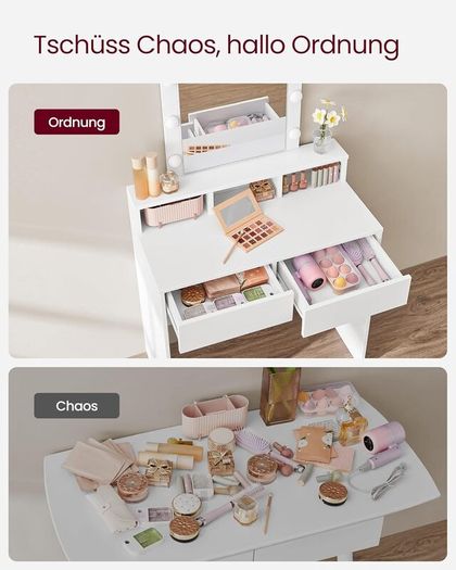 LED Dressing Table with Mirror and Bulbs Cosmetic Table with 2 Drawers and 3 Open Compartments