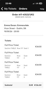 Emma Doran 4 x tickets Saturday 19 Sept