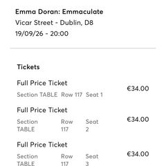 Emma Doran 4 x tickets Saturday 19 Sept
