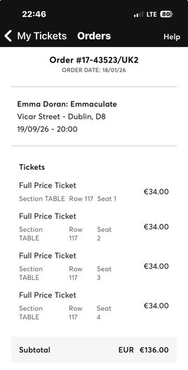 Emma Doran 4 x tickets Saturday 19 Sept