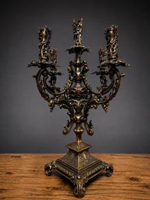 Striking Gothic Medieval-Style 5 Branch Bronze Antique Candelabra