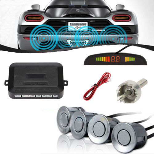 New Car Parking Sensor 4 Kit Rear Reverse Sensors Alarm Backup Radar System LED Display Warning in Black / White / Blue / Silver/Red