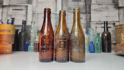 257 - Set of 3 Vintage Brown Glass Scanlan Cades Jennings Collectible Decorative Mineral Water Beer Bottles