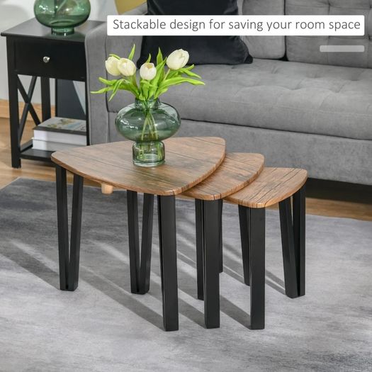 Nest of Tables, Coffee Table Set of 3, Triangle Nesting Tables with Metal Legs, Industrial End Side Table for Living Room, Walnut Wood Grain