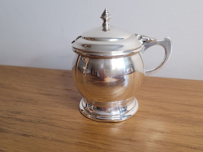 Vintage  English Silver plate mustard pot with cobalt glass liner