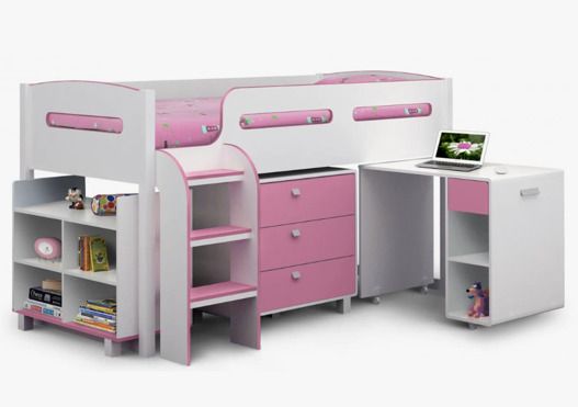 Pink and White Mid Sleeper Bed with Desk, Drawers & Storage