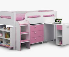 Pink and White Mid Sleeper Bed with Desk, Drawers & Storage