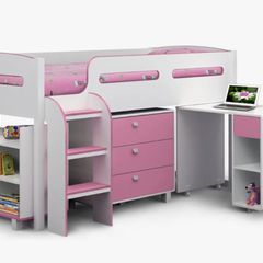 Pink and White Mid Sleeper Bed with Desk, Drawers & Storage