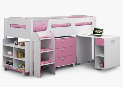 Pink and White Mid Sleeper Bed with Desk, Drawers & Storage