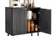 Coffee Bar Cabinet, Mid Century Fluted Coffee Bar Table with 2-Tier Storage, Buffet Stand Cabinet with Barn Door, Sideboard Buffet Station for Living Room, Entryway, 80 x 37.5 x 80 cm, Black