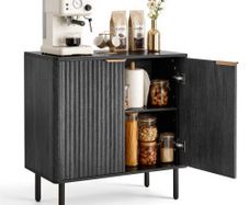Coffee Bar Cabinet, Mid Century Fluted Coffee Bar Table with 2-Tier Storage, Buffet Stand Cabinet with Barn Door, Sideboard Buffet Station for Living Room, Entryway, 80 x 37.5 x 80 cm, Black