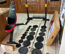 Large Weightlifting Bundle, New Weight Bench, Squat Rack, Gym, 100kg Metal Weights / Barbell Set, Dumbbells, Mat And More!