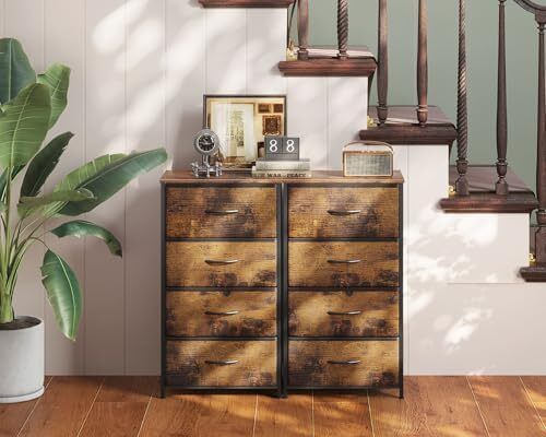 Narrow Chest of Drawers with 4 Drawers, Small Chest of Drawers with Fabric Drawer, Sturdy Steel Frame, Wooden Top, Suitable for Bedroom and Living Room, Retro