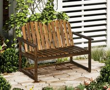 Outdoor Wooden Garden Bench, Patio Loveseat Chair with Slatted Backrest and Smooth Armrests for Two People, for Yard, Lawn, Porch, Carbonised Finish