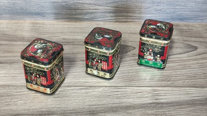 oriental asian vintage X3 empty tea tin set container collectables