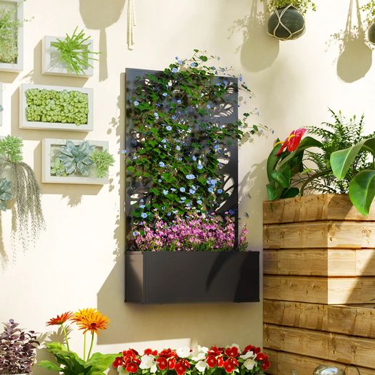 Outdoor Metal Planter, with Back Trellis - Black
