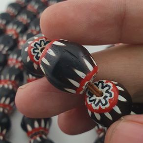 Antique Venetian Style Big Black Chevron Glass Beads Necklace Strand