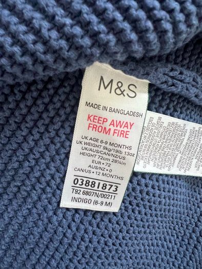 M&S Blue Cardigan 6-9 months