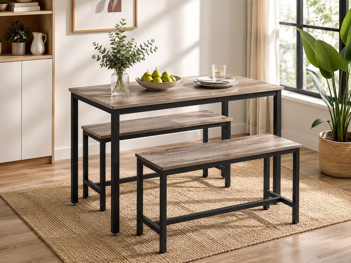 Industrial Dining Table Set with 2 Benches Kitchen Dining Set Rustic Breakfast Table for 4