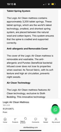 Brand New, Custom Made Sloth Bedding Logic Air Clean King Size Mattress 5412138148