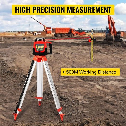 Professional Rotary Laser Max. Working Range 500 m Red, Line Laser 360 Degree Laser Altimeter Water and Dustproof Outdoor Working Time 20 Hours with Tripod & Regulator Electrics