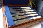 Antique Walker and Hall Silver Plate Fish Knives and Forks. Set of 6 in Fitted Wooden Box
