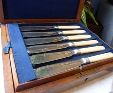 Antique Walker and Hall Silver Plate Fish Knives and Forks. Set of 6 in Fitted Wooden Box