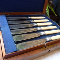 Antique Walker and Hall Silver Plate Fish Knives and Forks. Set of 6 in Fitted Wooden Box