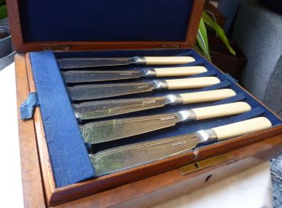 Antique Walker and Hall Silver Plate Fish Knives and Forks. Set of 6 in Fitted Wooden Box