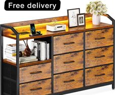Chest of Drawers Bedroom, with LED Light trip with 10 Adjustable Colors and 2 USB and 2 AC Outlets