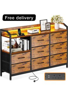 Chest of Drawers Bedroom, with LED Light trip with 10 Adjustable Colors and 2 USB and 2 AC Outlets