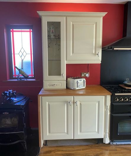 Kitchen + Island + Solid Oak Countertops + Integrated Dishwasher + black sink & gold mixer tap