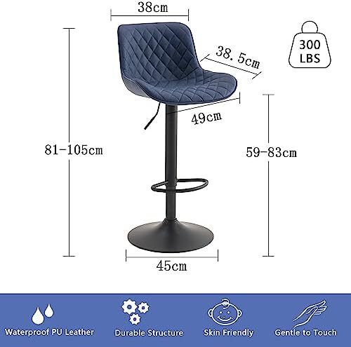 Bar Stools Set of 2, Adjustable Height, PU Leather Padded Swivel Stools with Backrest, Gas Lift for Kitchen Island, Counter, Purple