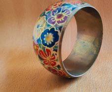 Vintage Boho brass floral enamelled wide bangle