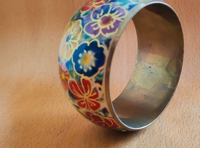 Vintage Boho brass floral enamelled wide bangle