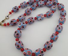 Antique Venetian Style Sky Blue Eyes & Venetian WhiteHeart Glass Beads Necklace