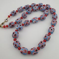 Antique Venetian Style Sky Blue Eyes & Venetian WhiteHeart Glass Beads Necklace