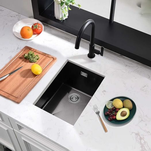 Black Kitchen Sink, 30X40CM Small Sink Stainless Steel Single Bowl, BoomHoze Outdoor Campervan with Overflow, Drainer Fittings, Undermount, Top Mount, Drop in Flushmount Installation, Black
