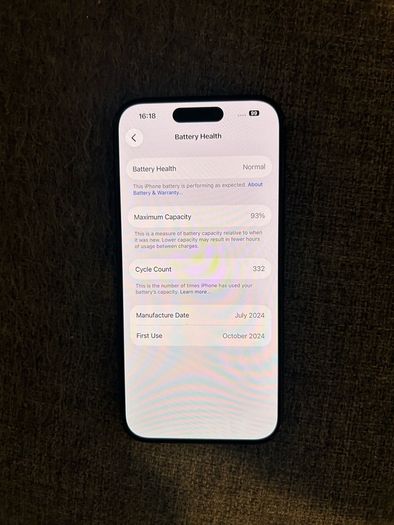 iPhone 15 pro blue titanium 128gb unlocked, battery percentage 93%